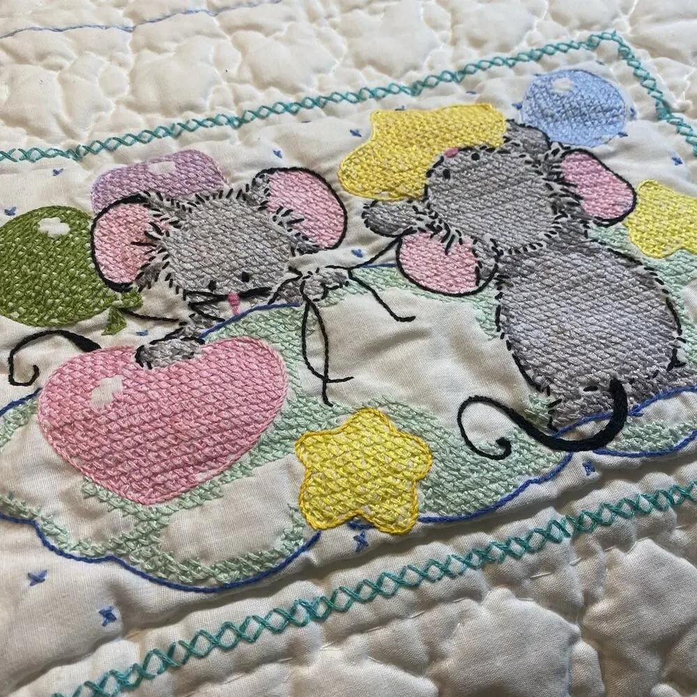 Vintage 1970s Crib Baby Coverlet Embroidery Needlepoint Novelty Quilted Blanket